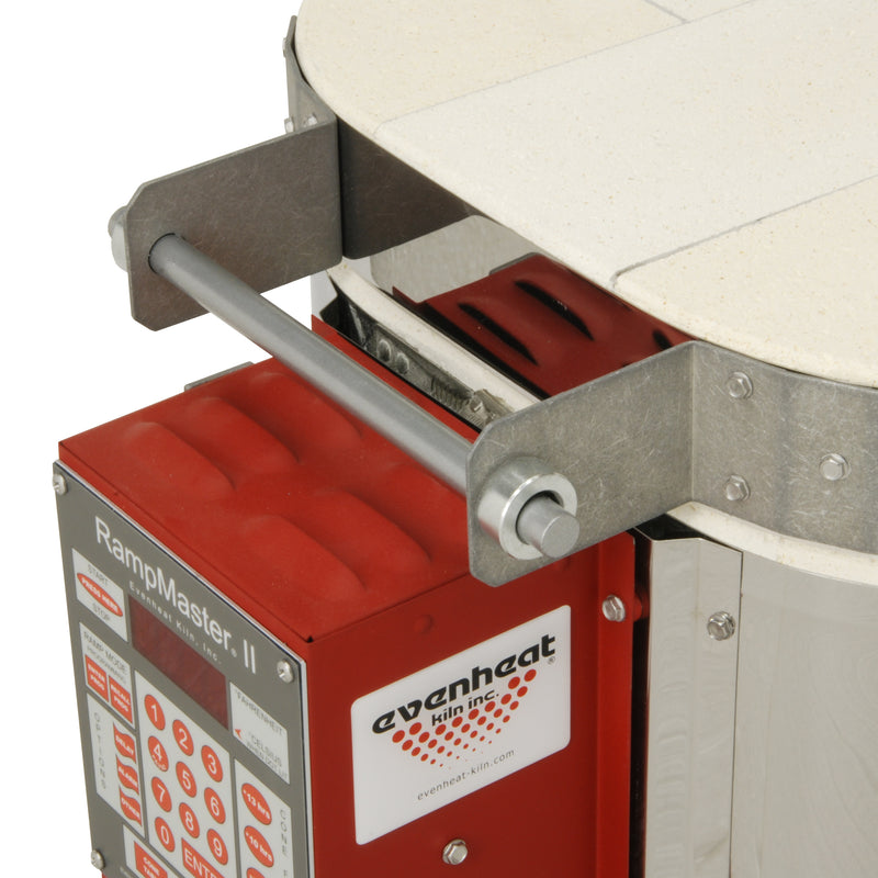 Evenheat Ceramic Kiln - High Fire 1210B - Lid handle and lift bar close-up with RampMaster II control - Soul Ceramics