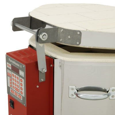 Evenheat Ceramic Kiln - High Fire 1210B - Lid prop bar holding lid open, control panel at side - Soul Ceramics