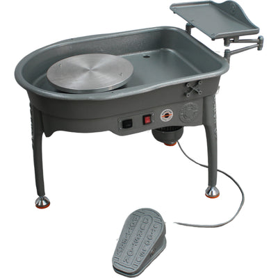Durston Elite Pottery Wheel E320 in silver, three-quarter view with foot pedal - Soul Ceramics