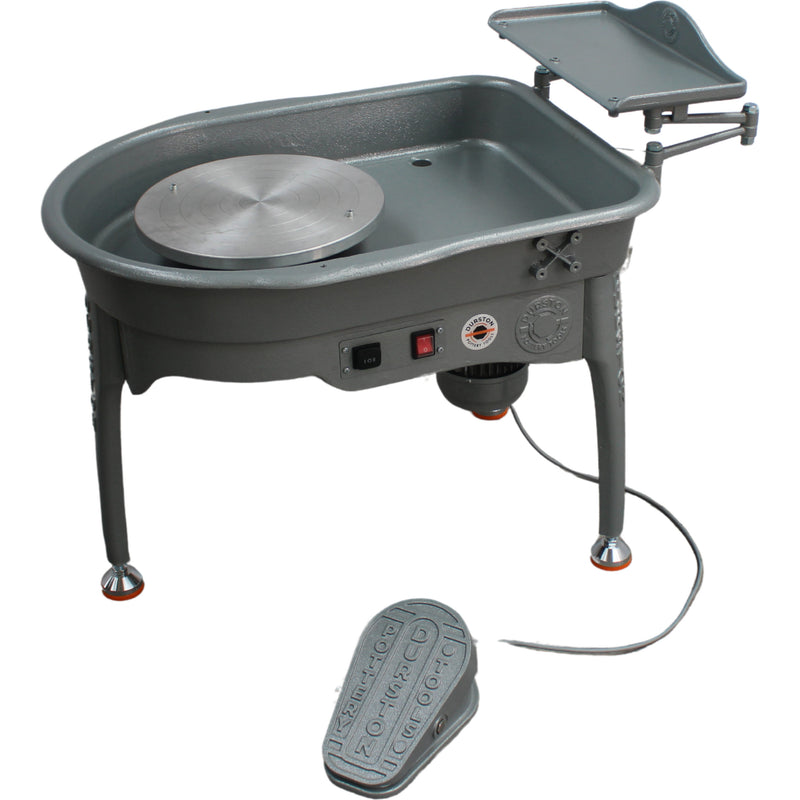 Durston Elite Pottery Wheel E320 in silver, three-quarter view with foot pedal - Soul Ceramics