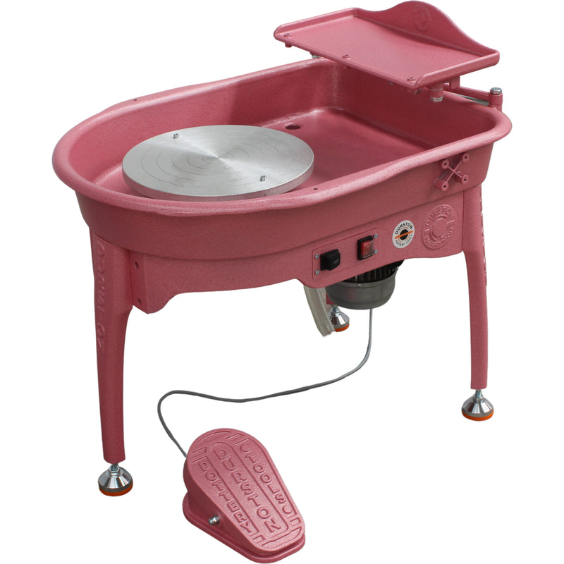 Durston Elite Pottery Wheel E320 in pink, three-quarter view with foot pedal - Soul Ceramics