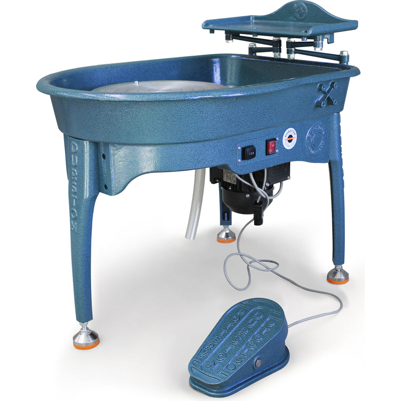 Durston Elite Pottery Wheel E320 in blue, three-quarter view with foot pedal - Soul Ceramics