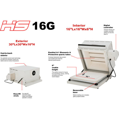 HS-16G dimensions and features - 16"L x 16"W x 6"H interior, 30"L x 30"W x 16"H exterior - Hot Shot Clam Shell Glass Kiln HS-16G